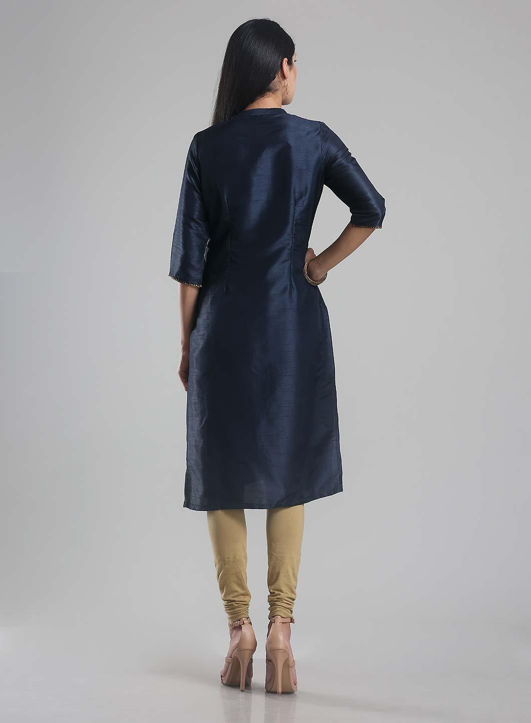 Navy Mandarin Neck Pintuck kurta - wforwoman