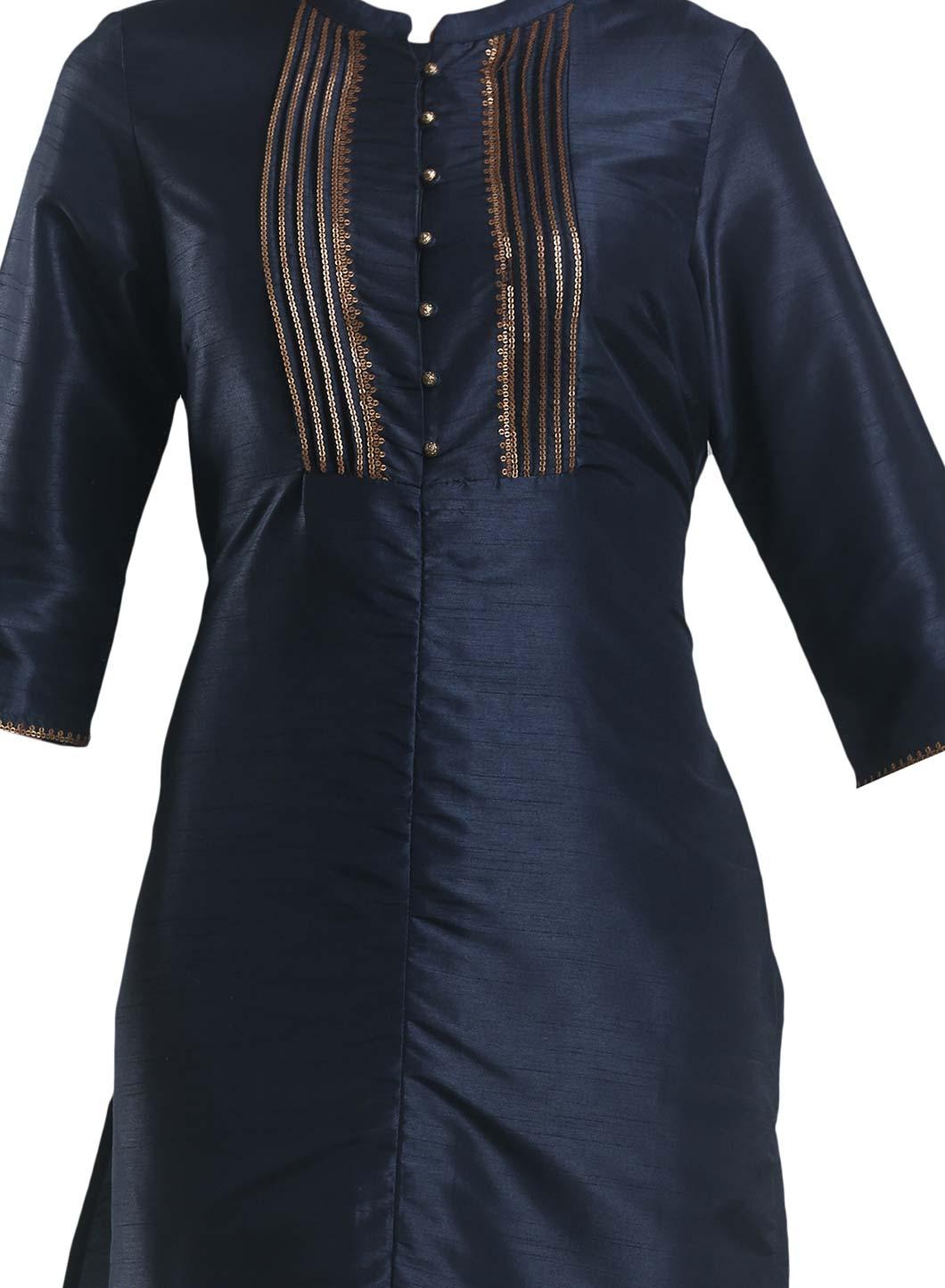 Navy Mandarin Neck Pintuck kurta - wforwoman