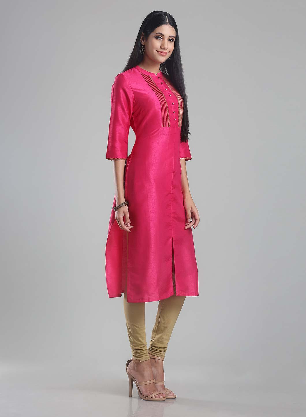 Pink Mandarin Neck Pintuck kurta - wforwoman