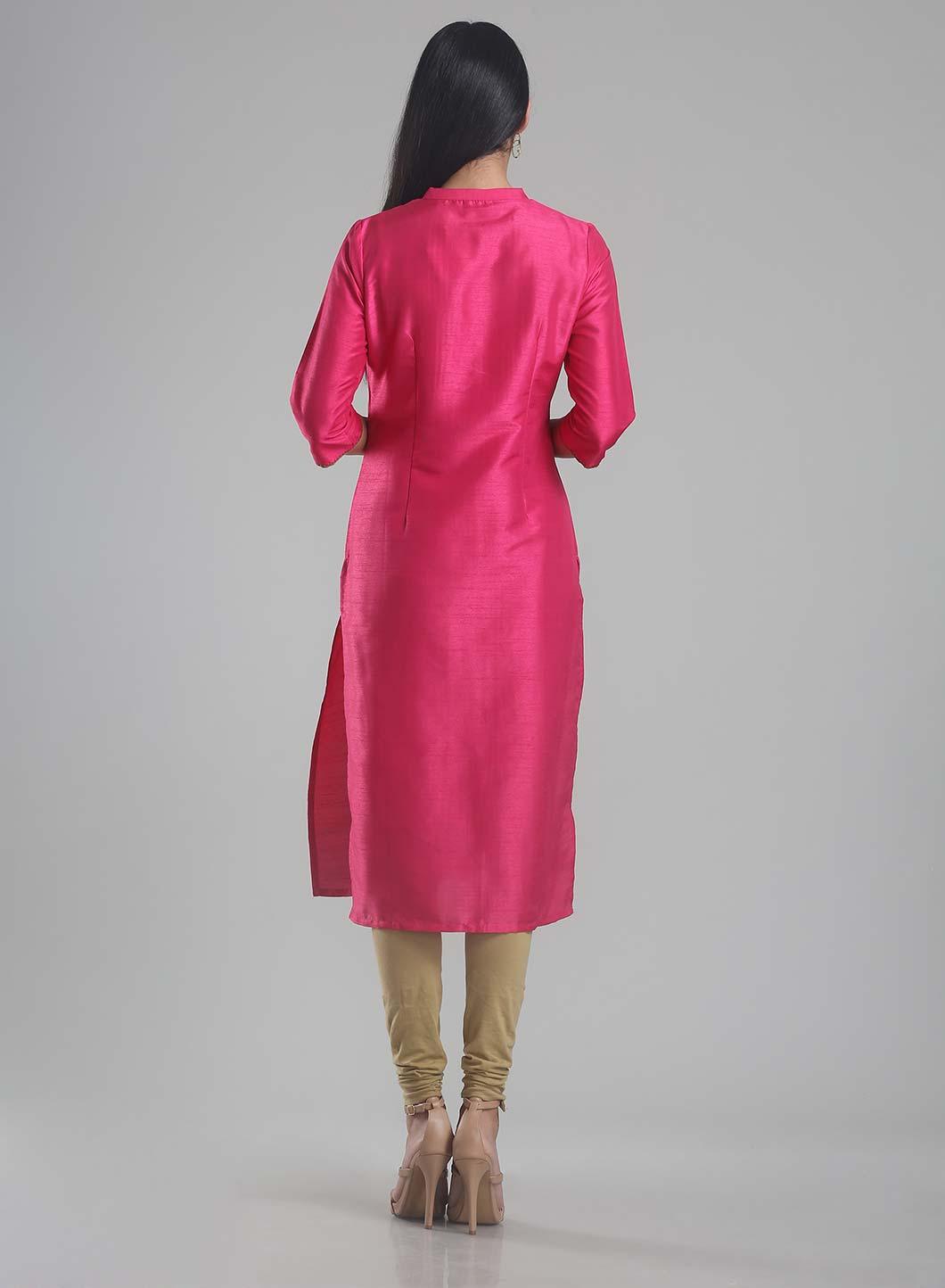 Pink Mandarin Neck Pintuck kurta - wforwoman