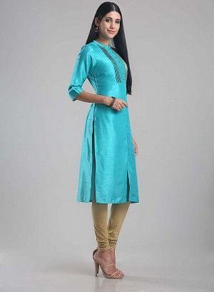 Blue Mandarin Neck Pintuck kurta - wforwoman