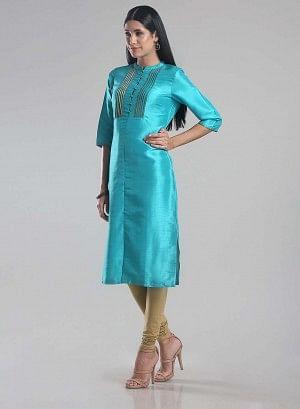 Blue Mandarin Neck Pintuck kurta - wforwoman