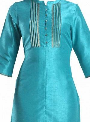 Blue Mandarin Neck Pintuck kurta - wforwoman