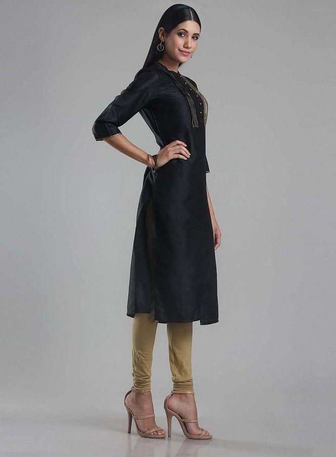 Black Mandarin Neck Pintuck kurta - wforwoman