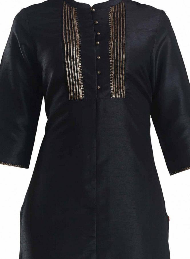 Black Mandarin Neck Pintuck kurta - wforwoman