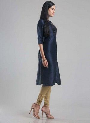 Navy Mandarin Neck Pintuck kurta - wforwoman