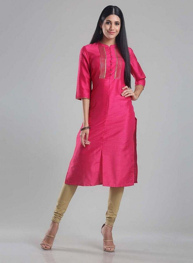 Pink Mandarin Neck Pintuck kurta - wforwoman