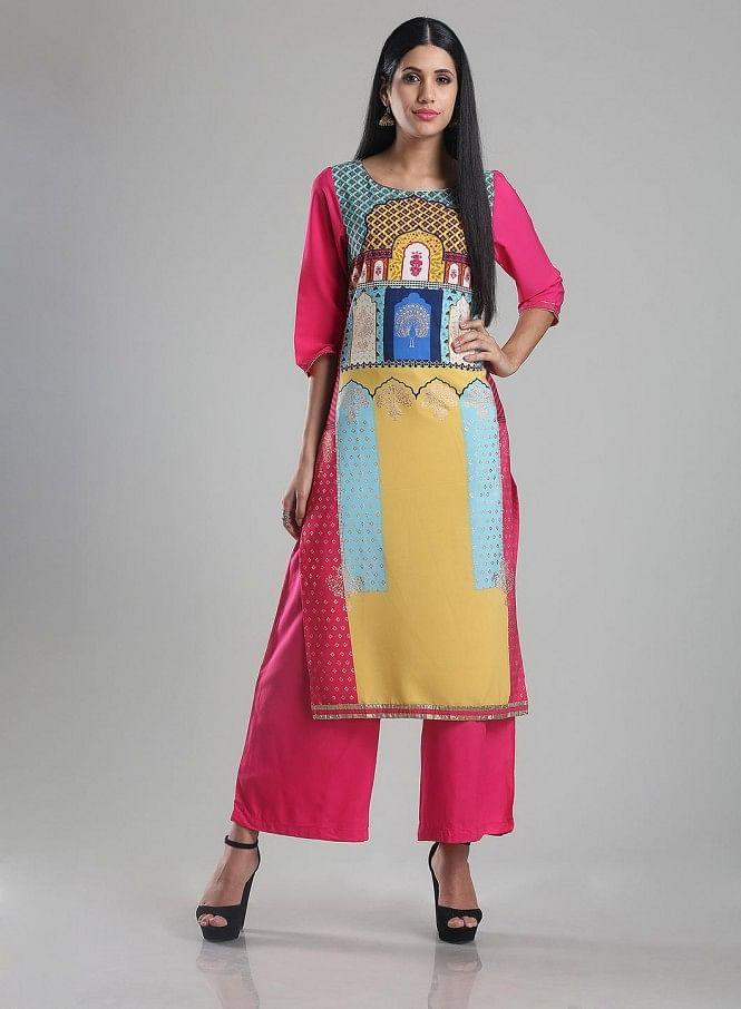 Pink Printed Round Neck kurta - wforwoman