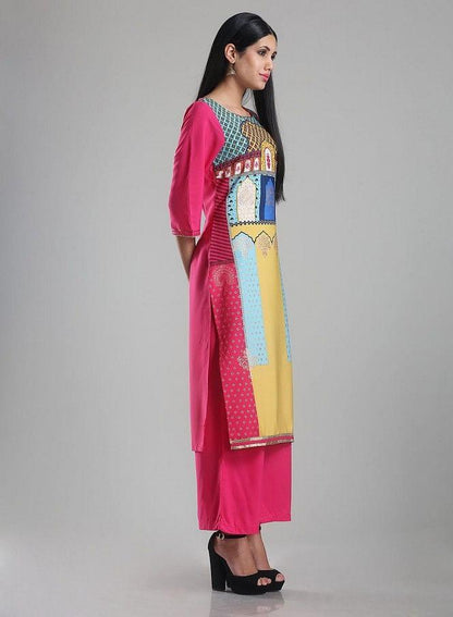 Pink Printed Round Neck kurta - wforwoman