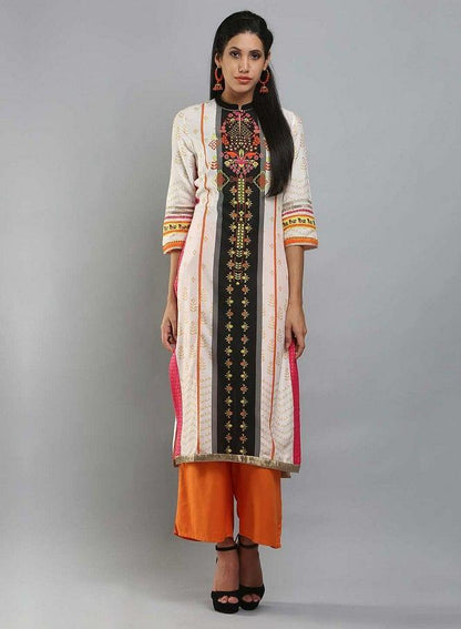 White Mandarin Neck Printed kurta - wforwoman