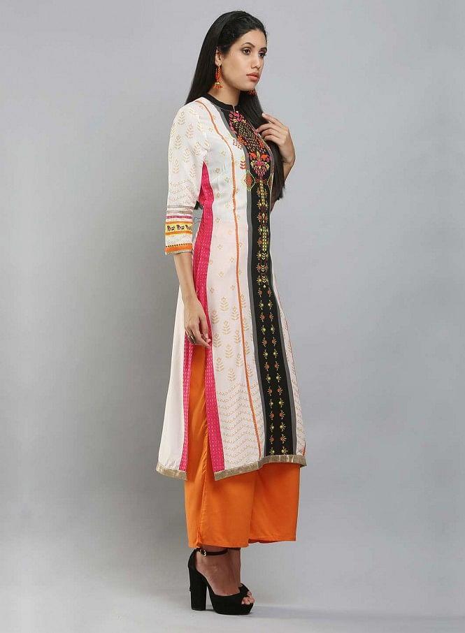 White Mandarin Neck Printed kurta - wforwoman