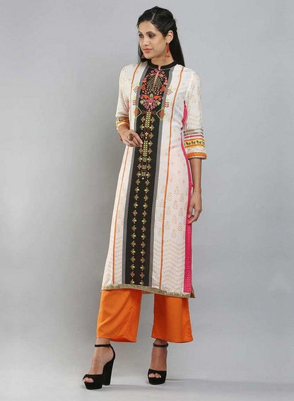 White Mandarin Neck Printed kurta - wforwoman