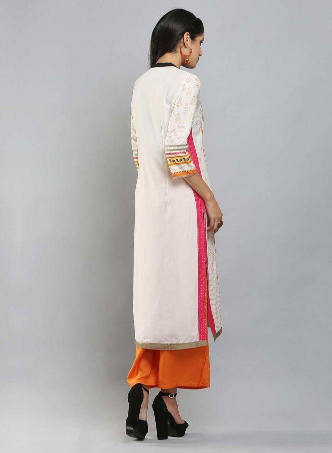 White Mandarin Neck Printed kurta - wforwoman