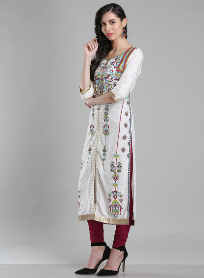 White &amp; Multicolor Printed Round Neck kurta - wforwoman