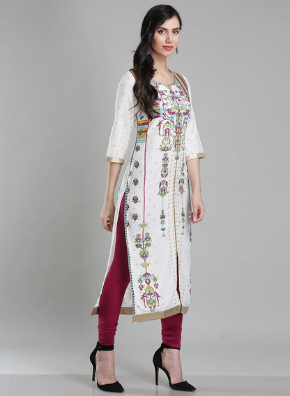 White &amp; Multicolor Printed Round Neck kurta - wforwoman