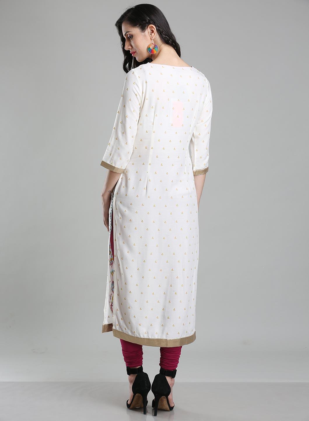 White &amp; Multicolor Printed Round Neck kurta - wforwoman