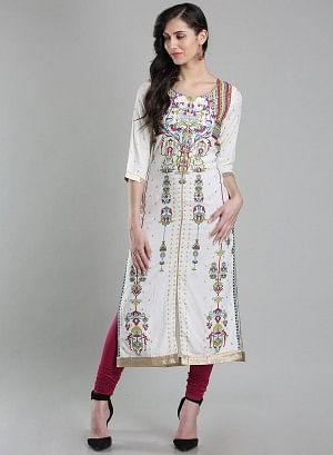 White &amp; Multicolor Printed Round Neck kurta - wforwoman