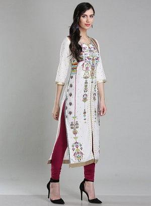 White &amp; Multicolor Printed Round Neck kurta - wforwoman