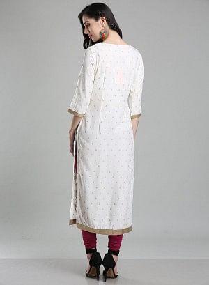 White &amp; Multicolor Printed Round Neck kurta - wforwoman