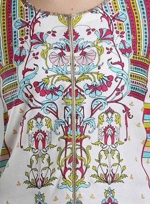 White &amp; Multicolor Printed Round Neck kurta - wforwoman