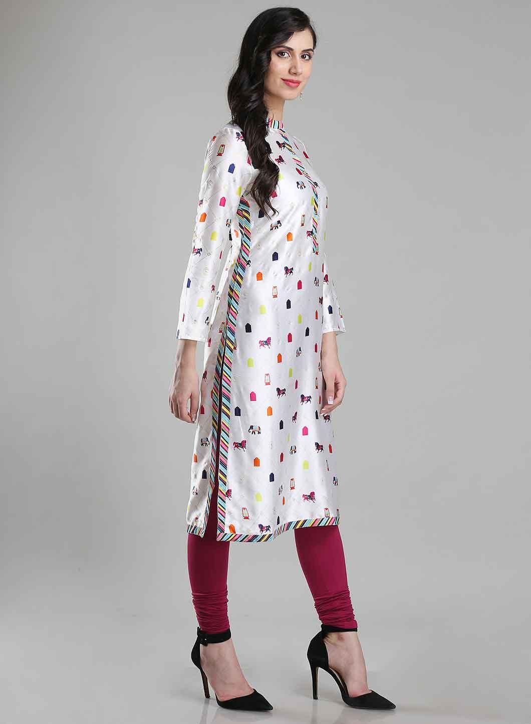 White Printed Mandarin Neck kurta - wforwoman