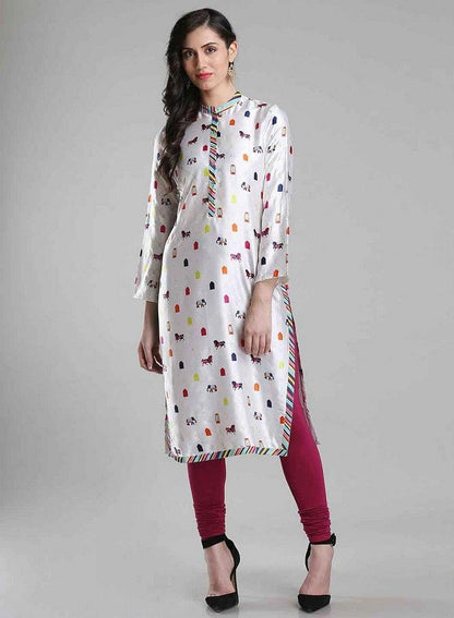 White Printed Mandarin Neck kurta - wforwoman