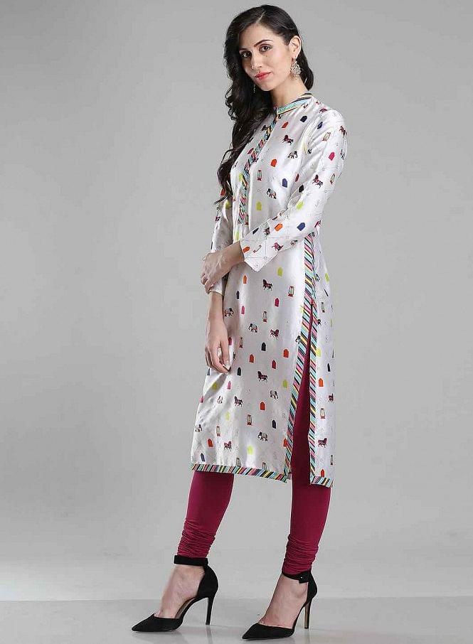 White Printed Mandarin Neck kurta - wforwoman