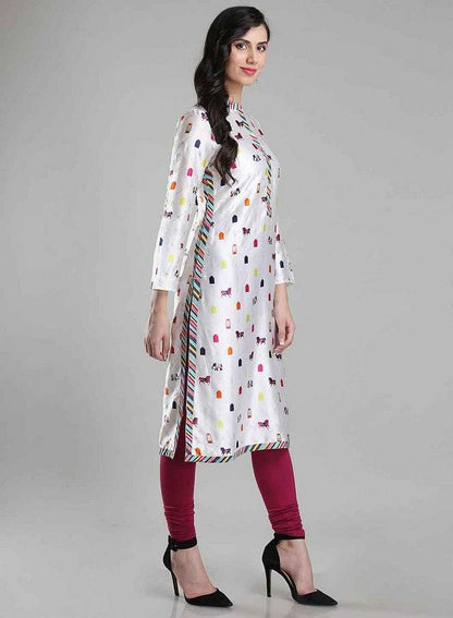 White Printed Mandarin Neck kurta - wforwoman