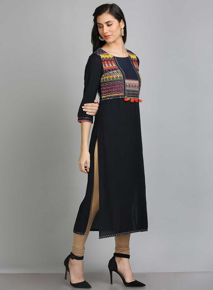 Black Printed Round Neck kurta - wforwoman