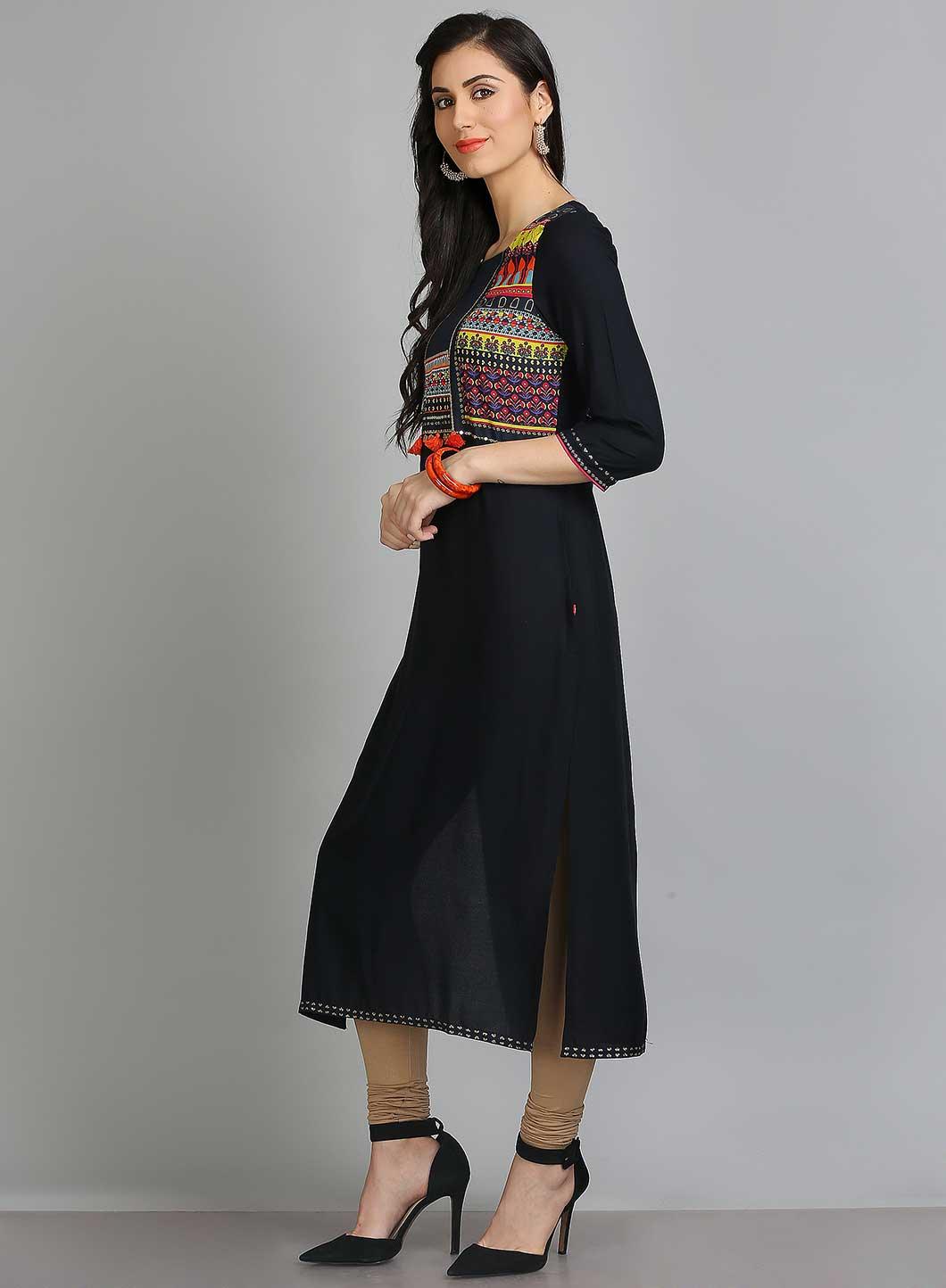 Black Printed Round Neck kurta - wforwoman