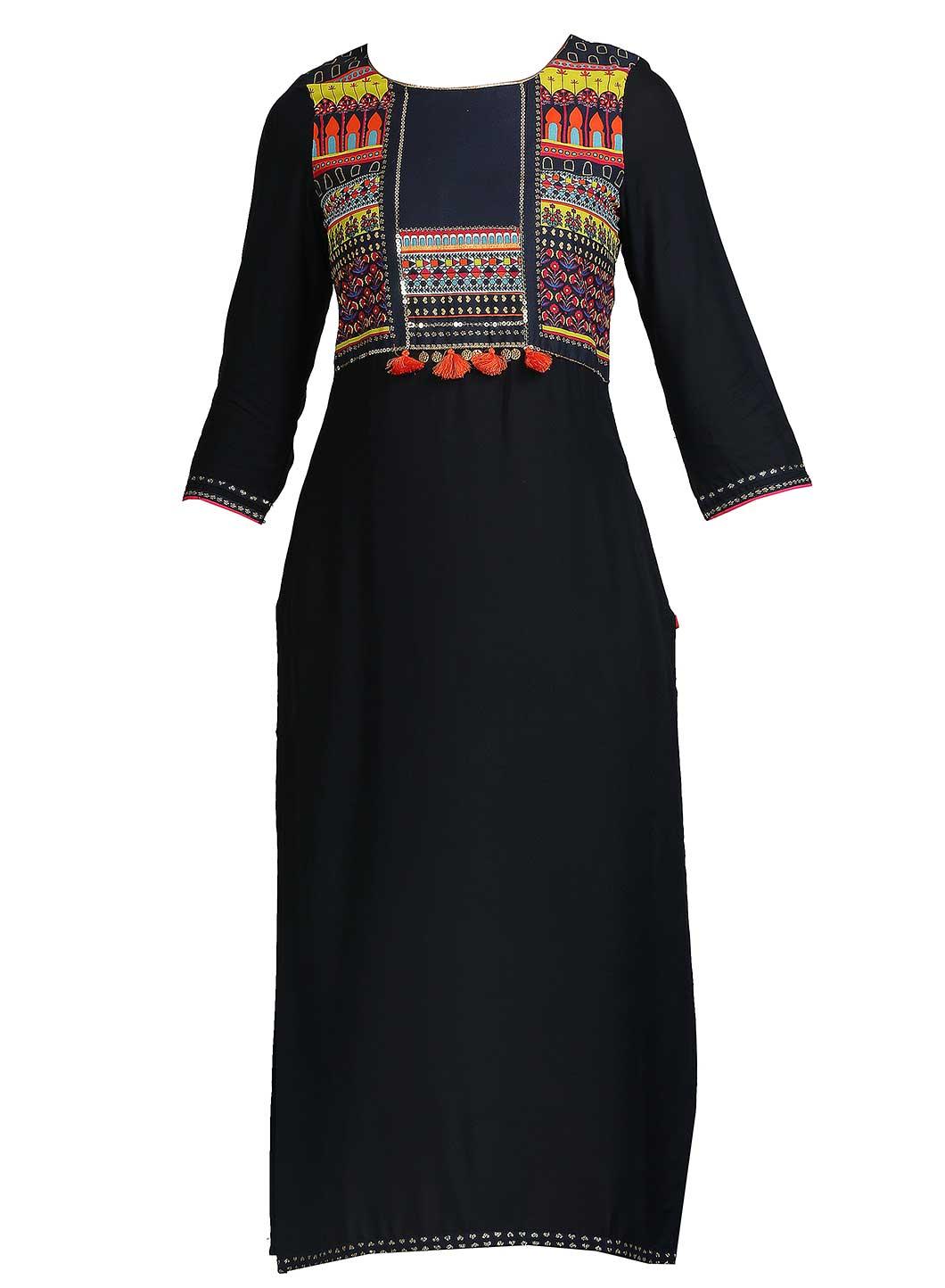 Black Printed Round Neck kurta - wforwoman