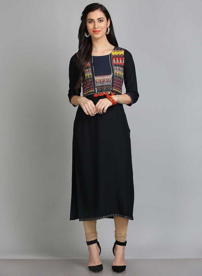 Black Printed Round Neck kurta - wforwoman