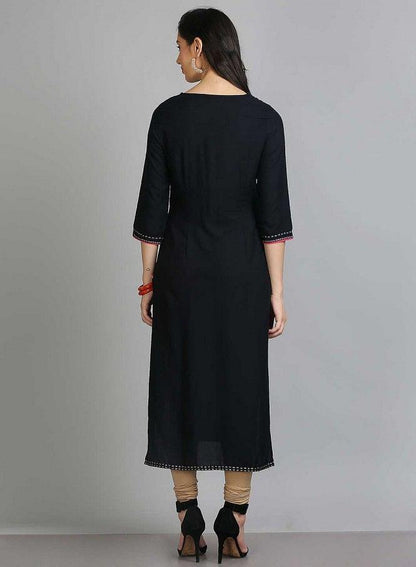 Black Printed Round Neck kurta - wforwoman