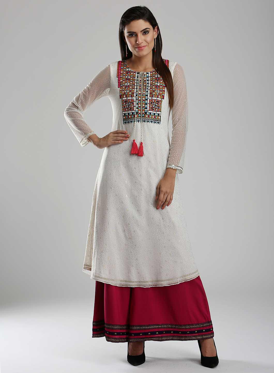 White Printed Round Neck kurta - wforwoman