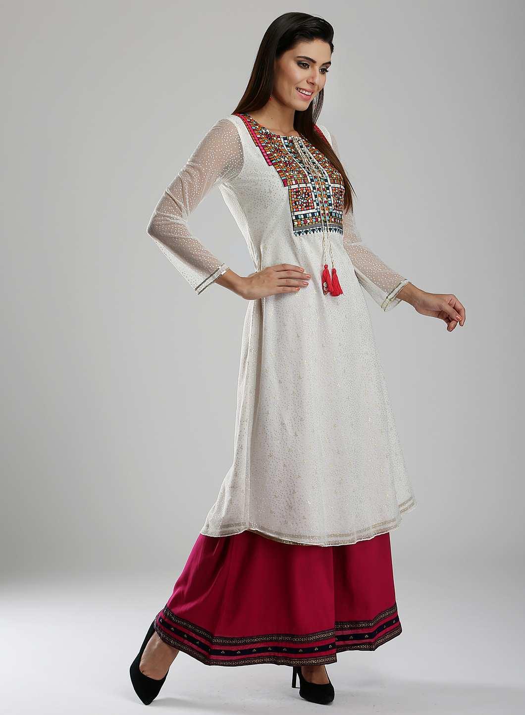 White Printed Round Neck kurta - wforwoman