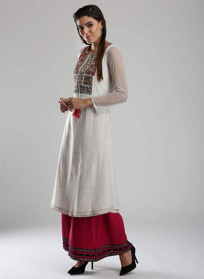 White Printed Round Neck kurta - wforwoman