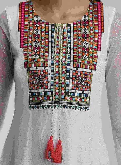 White Printed Round Neck kurta - wforwoman