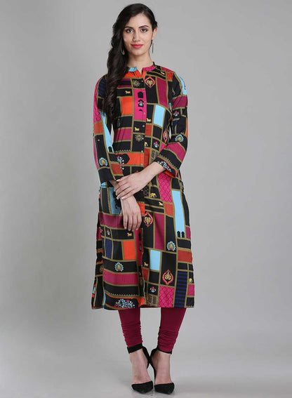 Multicoloured Printed Mandarin Neck kurta - wforwoman