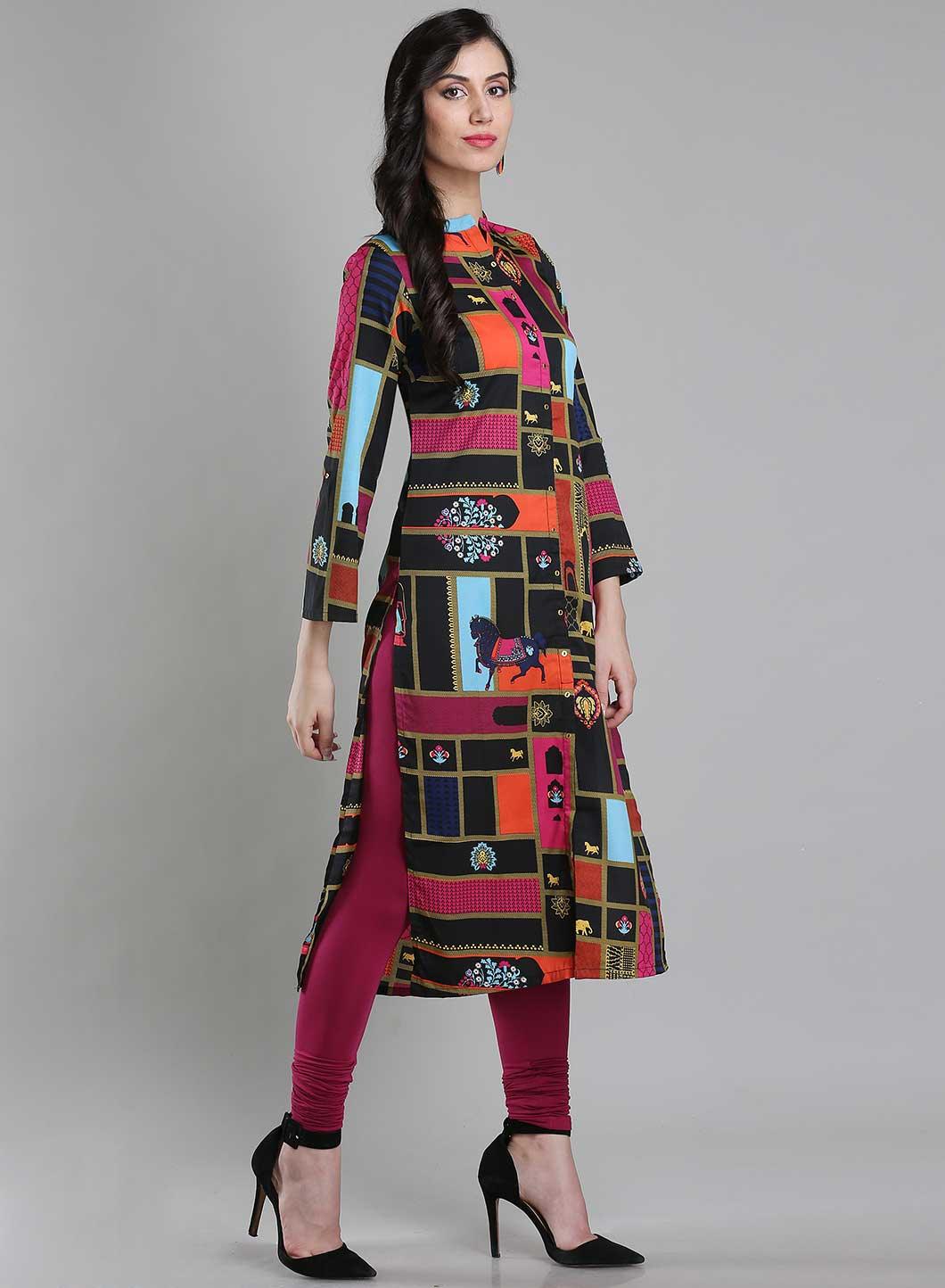 Multicoloured Printed Mandarin Neck kurta - wforwoman