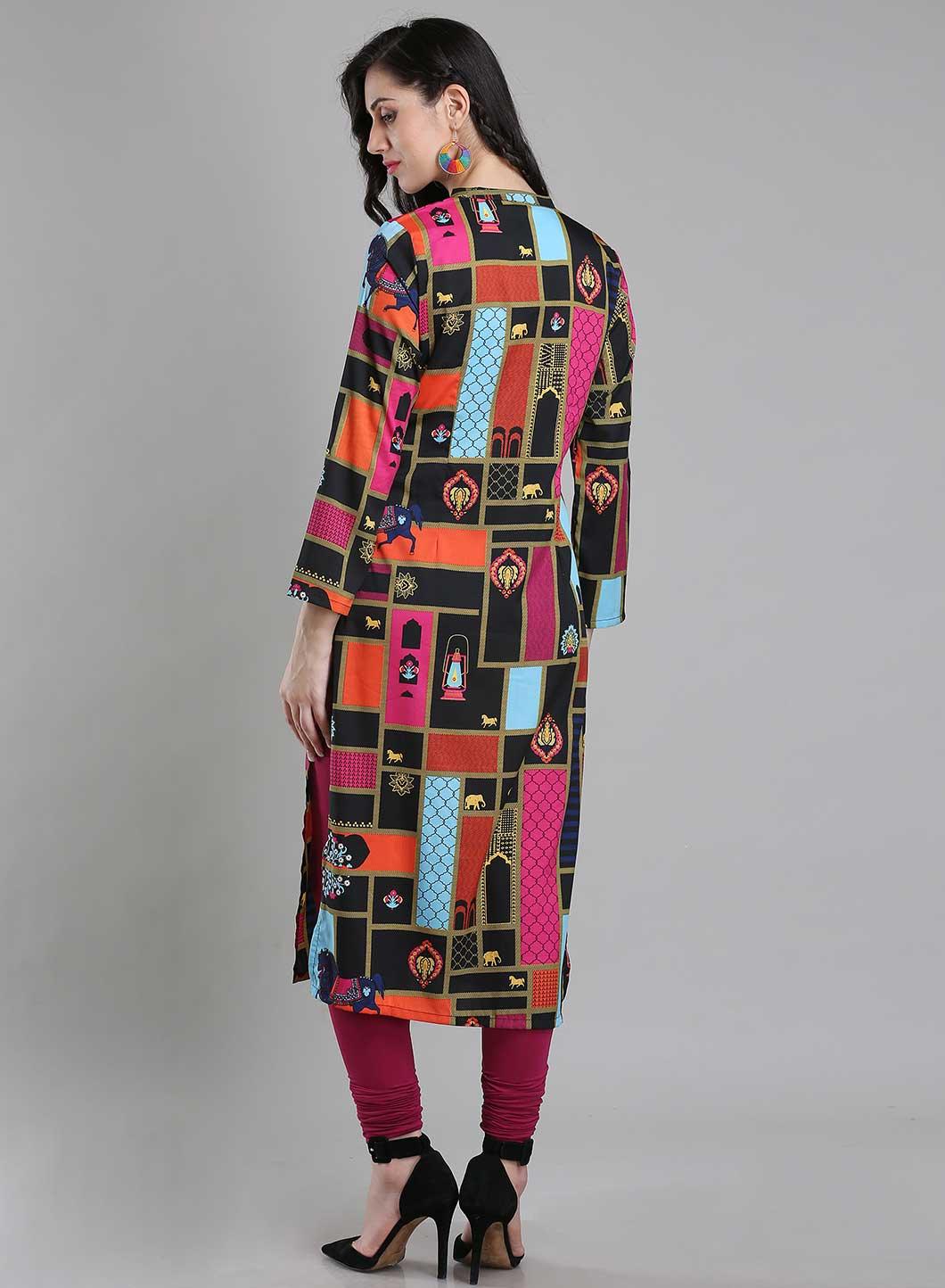 Multicoloured Printed Mandarin Neck kurta - wforwoman