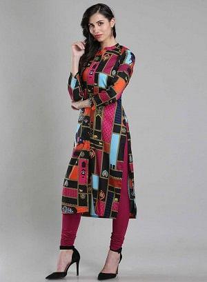 Multicoloured Printed Mandarin Neck kurta - wforwoman