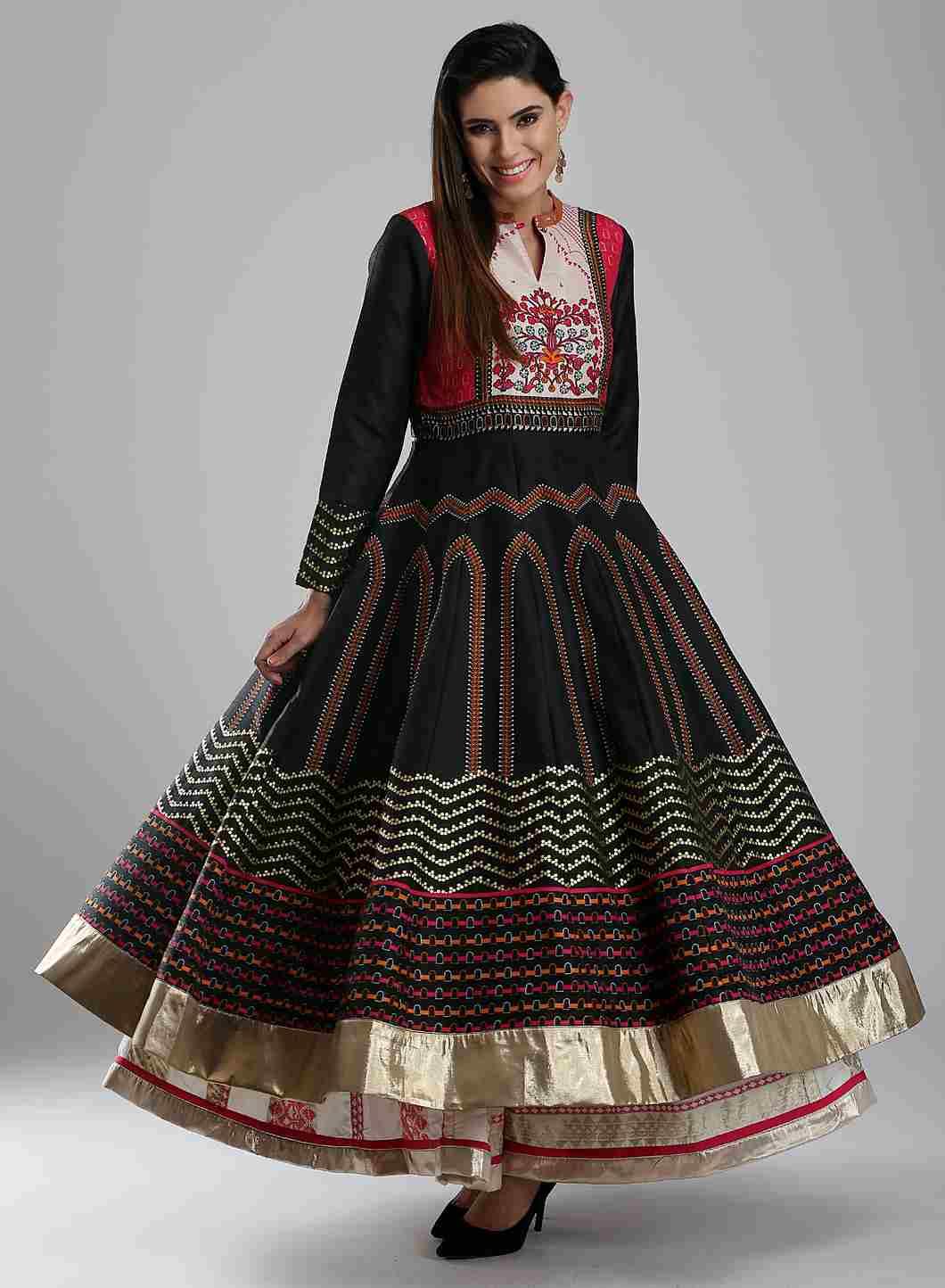 Black Printed Mandarin Mughal Gown - wforwoman