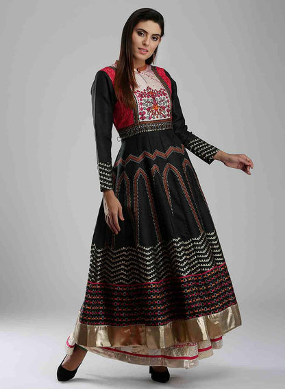 Black Printed Mandarin Mughal Gown - wforwoman