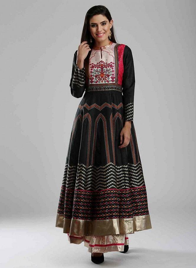 Black Printed Mandarin Mughal Gown - wforwoman