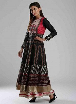 Black Printed Mandarin Mughal Gown - wforwoman