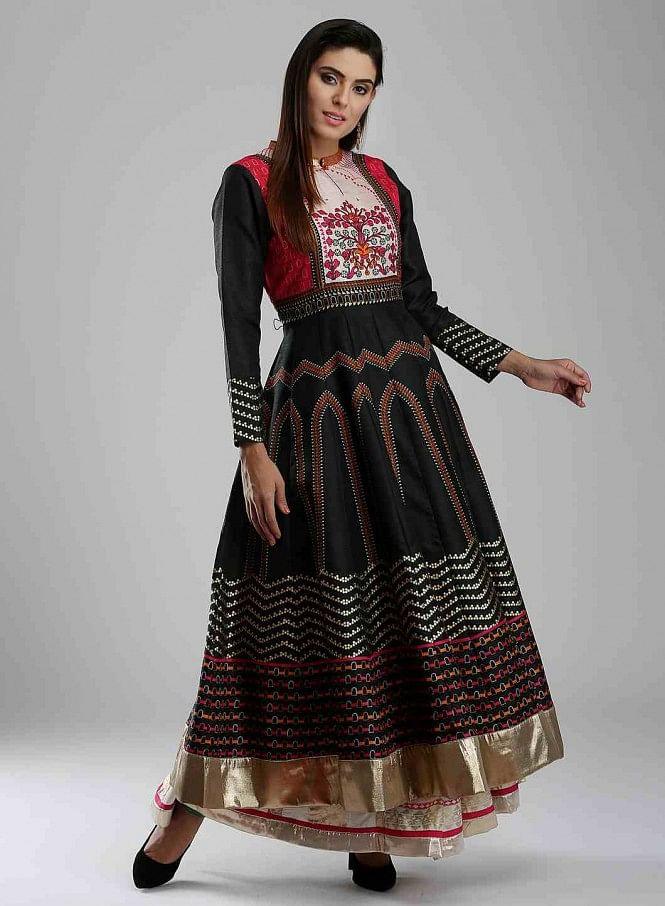 Black Printed Mandarin Mughal Gown - wforwoman