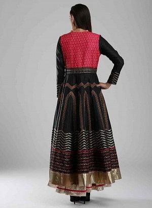 Black Printed Mandarin Mughal Gown - wforwoman