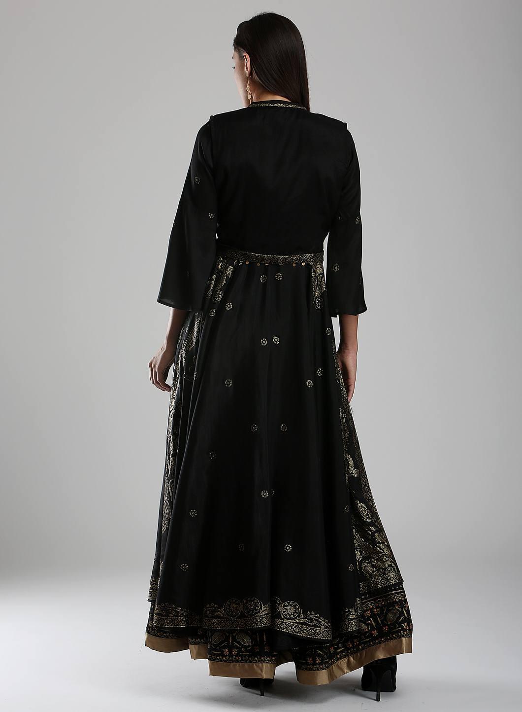 Black Mandarin Neck Printed kurta - wforwoman