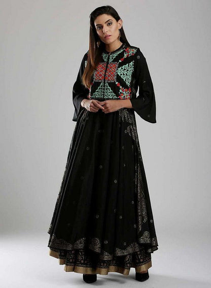 Black Mandarin Neck Printed kurta - wforwoman