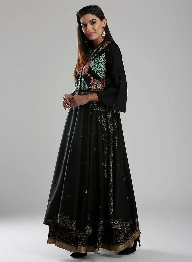 Black Mandarin Neck Printed kurta - wforwoman